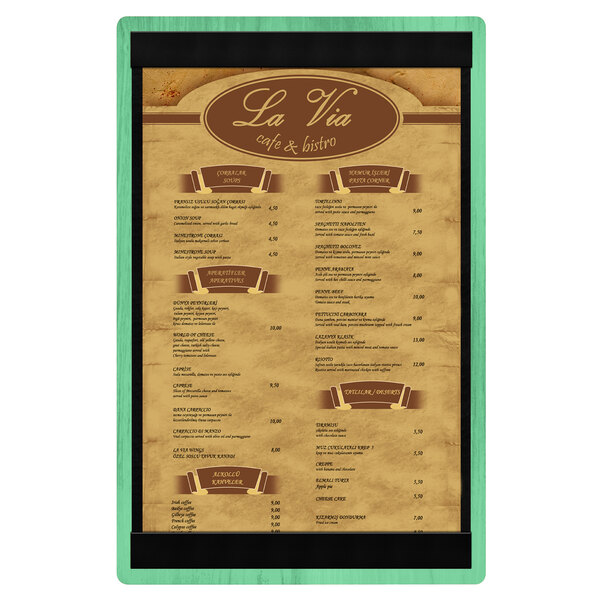 A Menu Solutions wood menu board with top and bottom strips on a white background.