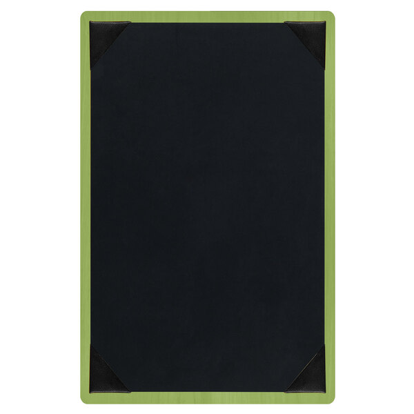 A black wood menu board with green corners.