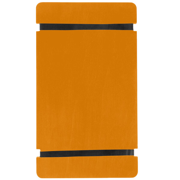 A yellow rectangular wood menu board with black rubber band straps.
