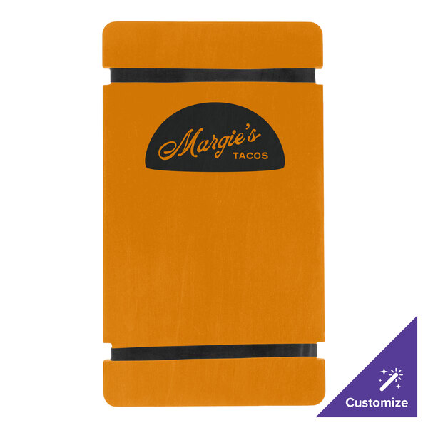 A yellow Menu Solutions wood menu board with black rubber band straps on a counter with a black and orange sign with yellow text.