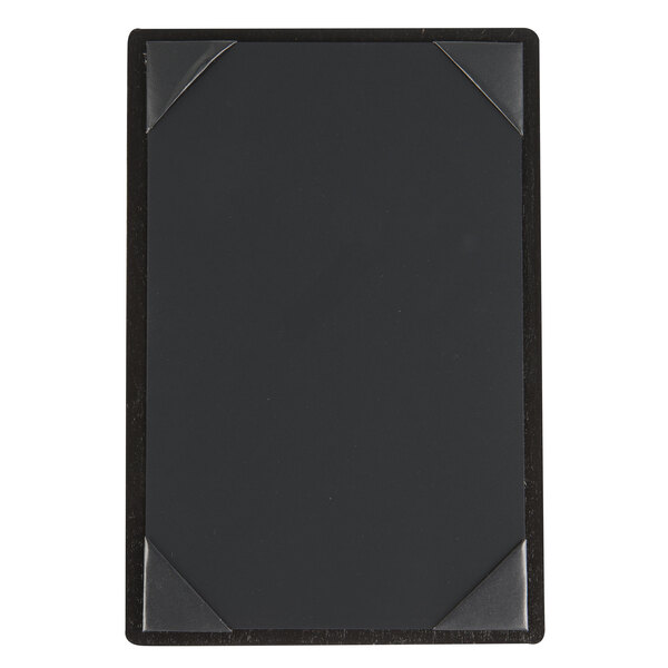 A black rectangular wood menu board with white picture corners.
