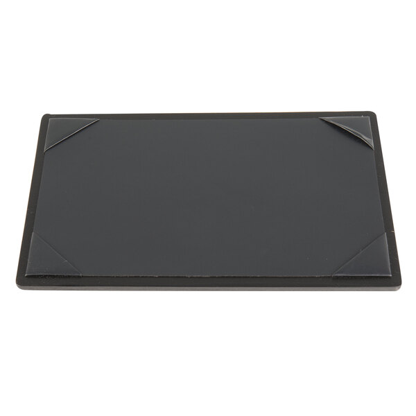 A black rectangular wood menu board with picture corners.