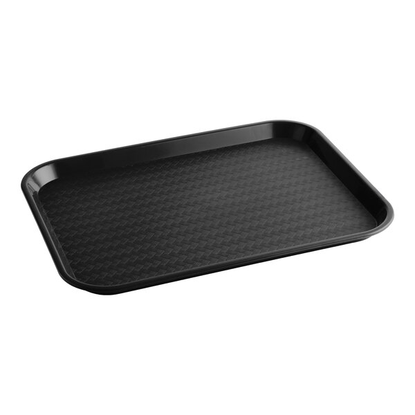 A rectangular black plastic fast food tray with a textured surface.