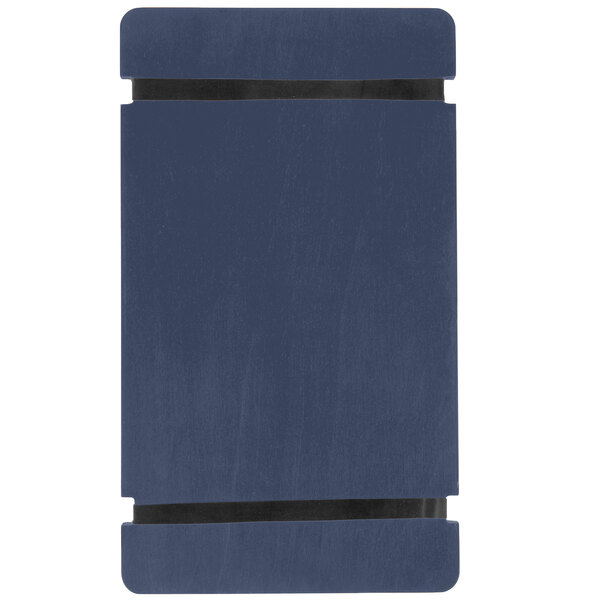 A blue rectangular wood menu board with black rubber band straps.