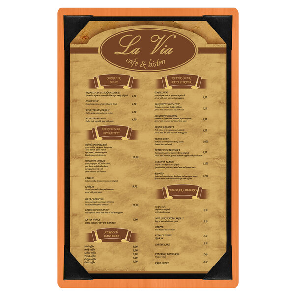 A Menu Solutions wood menu board with a brown frame.