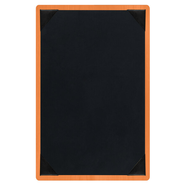A black wood menu board with orange corners.