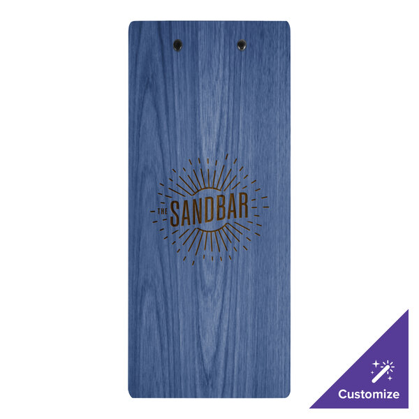 A blue wood clip board with a logo on it.