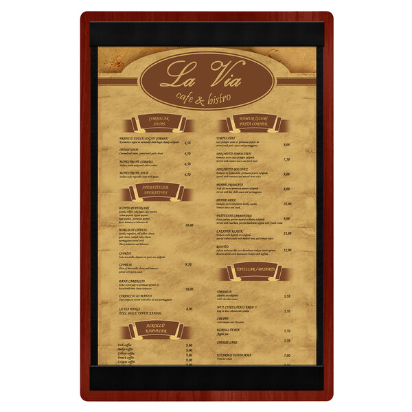 A Menu Solutions mahogany wood menu board with top and bottom strips.