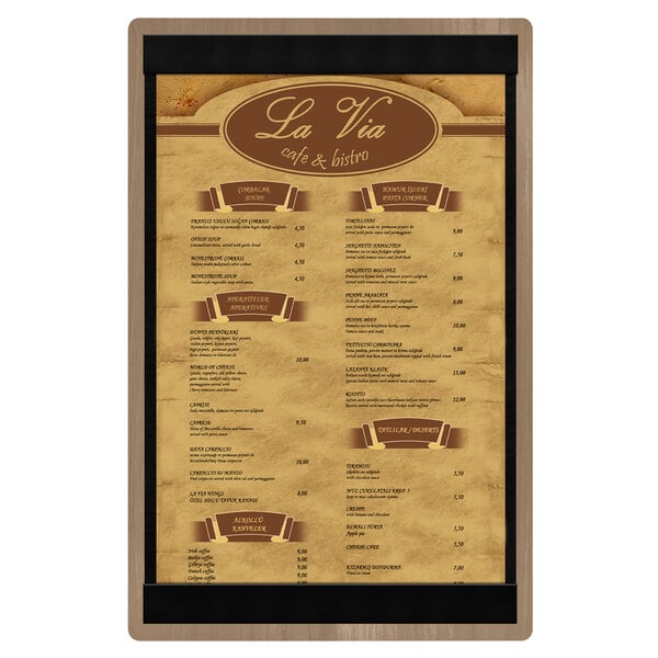 A weathered walnut wood menu board with top and bottom black strips.