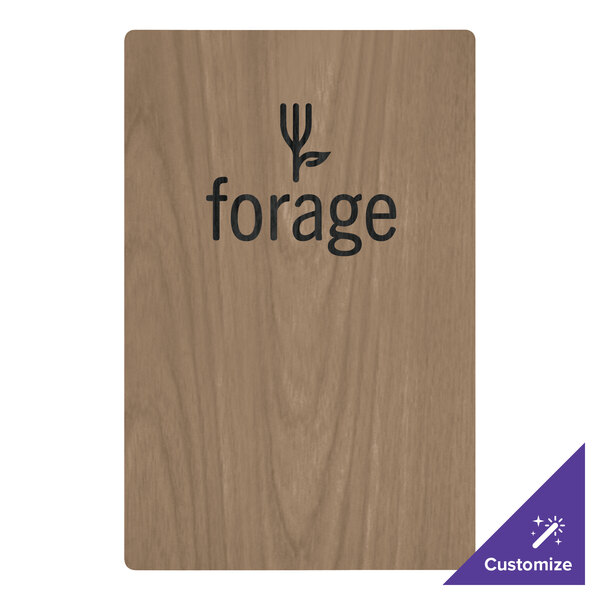 A weathered walnut wood menu board with top and bottom strips and a black logo.