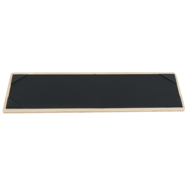 A black rectangular menu board with wooden corners.