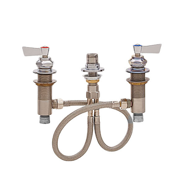 A Fisher widespread faucet base with swivel stems and lever handles.