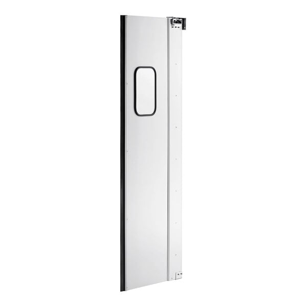 A white rectangular Regency swinging traffic door with a square window and black handles.