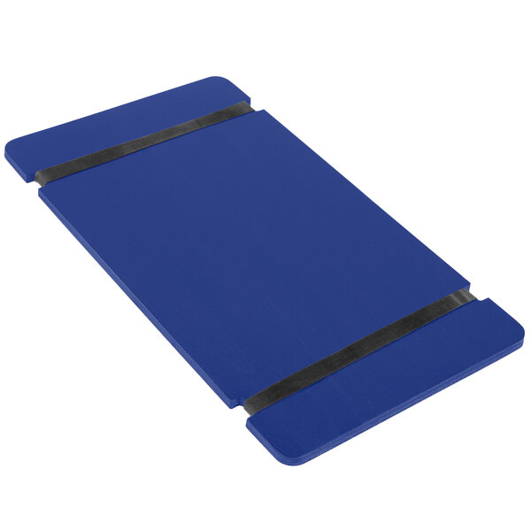A blue rectangular wood menu board with black rubber band straps.