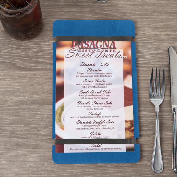 Menu Solutions WDRBB-A True Blue 5 1/2" x 8 1/2" Customizable Wood Menu Board with Rubber Band Straps