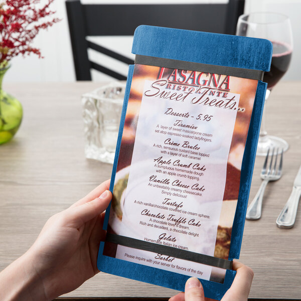 Menu Solutions WDRBB-A True Blue 5 1/2" x 8 1/2" Customizable Wood Menu Board with Rubber Band Straps