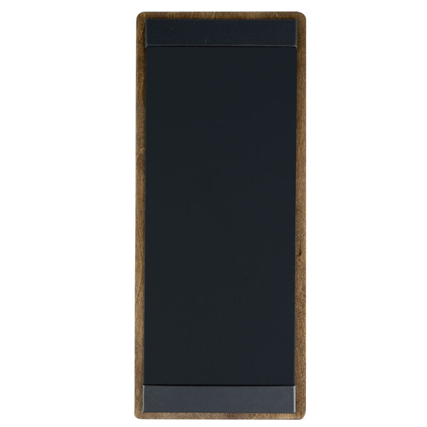 A rectangular brown wooden menu board with top and bottom wooden strips.