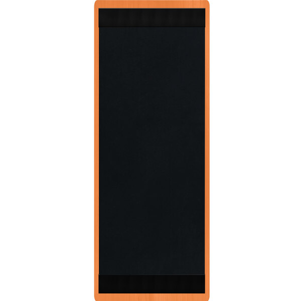 A black rectangular board with a wooden border and top and bottom orange strips.