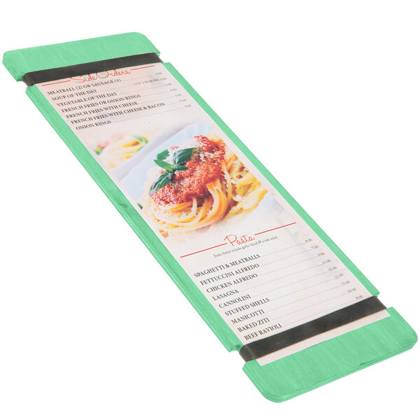 A Menu Solutions washed teal wood menu board with rubber band straps on a counter with a green menu showing spaghetti and basil.