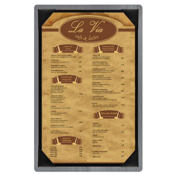 A customizable wood menu board with picture corners.