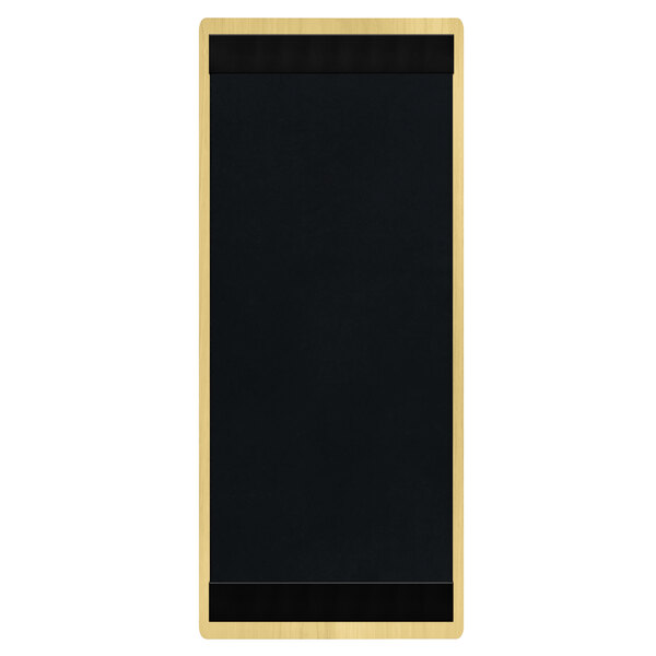 A natural wood menu board with black top and bottom strips.