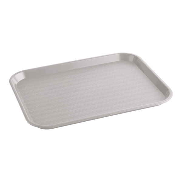 A gray plastic fast food tray measuring 14 by 18 inches.