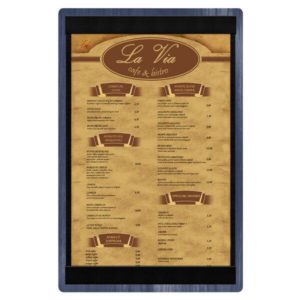 A Menu Solutions wood menu board with top and bottom strips.