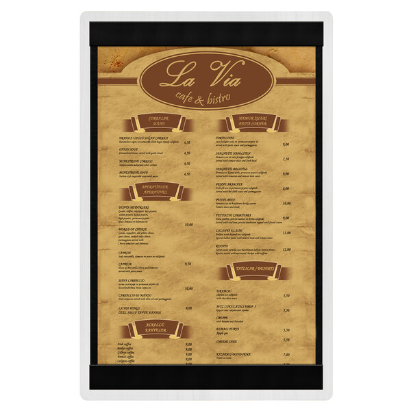 A white wash wood menu board with top and bottom strips holding a restaurant menu.
