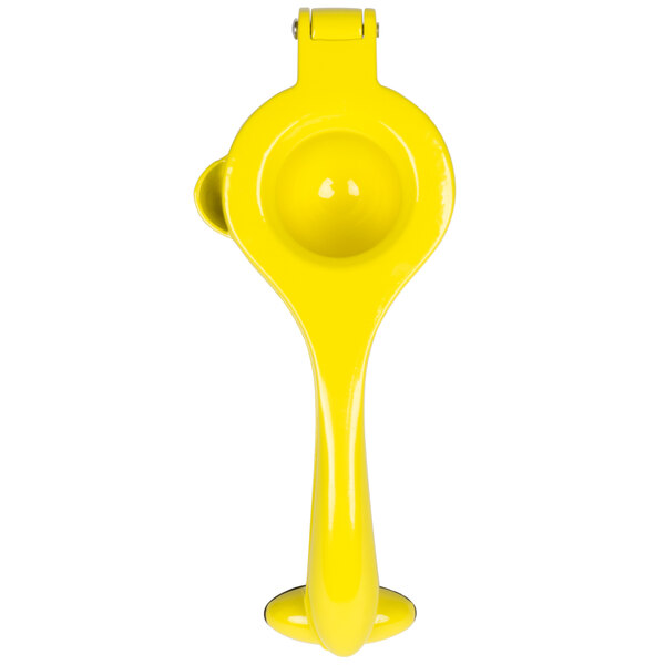 A Tablecraft zinc alloy lemon juicer with a yellow bowl and handle.