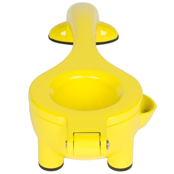 A Tablecraft zinc alloy lemon squeezer with a yellow bowl.