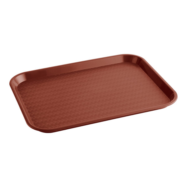 A rectangular burgundy plastic fast food tray with raised edges.