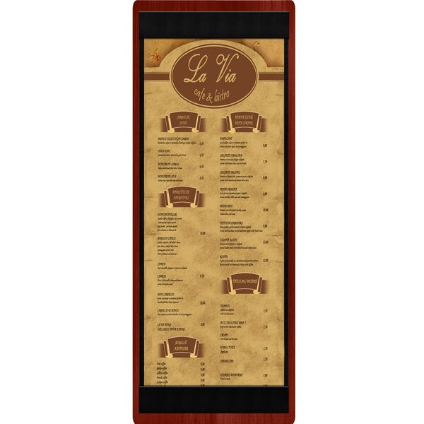 A mahogany wood menu board with top and bottom strips.