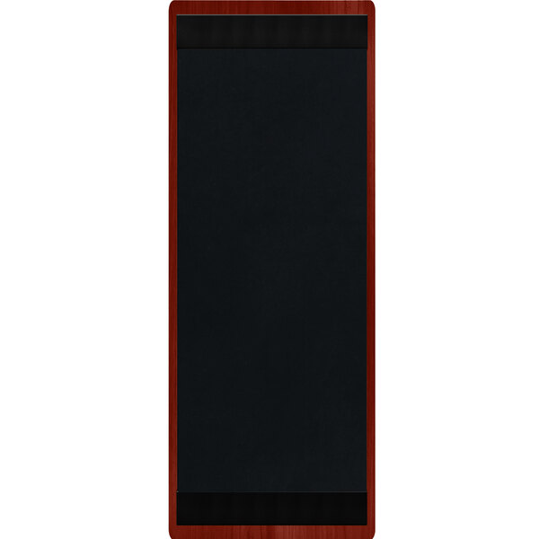 A rectangular mahogany wood menu board with top and bottom wooden strips.