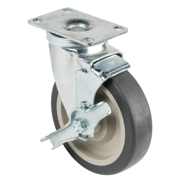 A 5" swivel plate caster with a metal and grey wheel and metal plate.