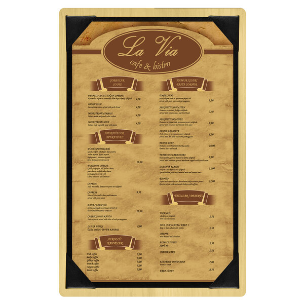 A natural wood Menu Solutions menu board with picture corners.