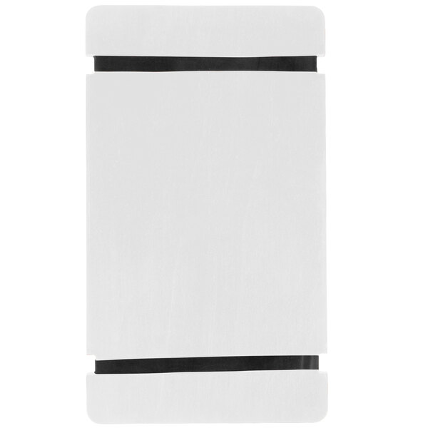 A white rectangular Menu Solutions wood board with black rubber band straps.