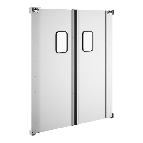 Two white Regency aluminum swinging traffic doors with black windows.