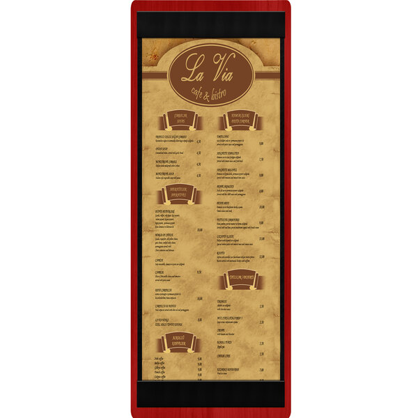 A Menu Solutions wood menu board with top and bottom strips on a brown and tan sign.