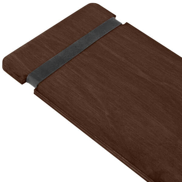 A walnut wood menu board with black rubber bands.