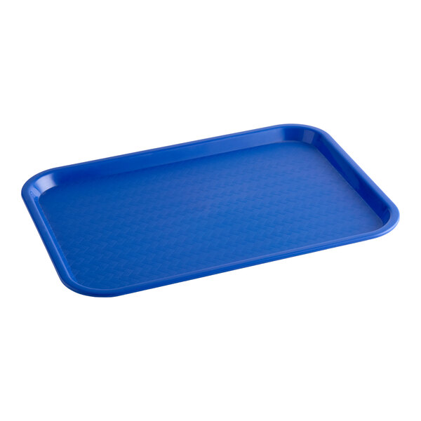 A blue plastic fast food tray with a rectangular shape and raised edges.