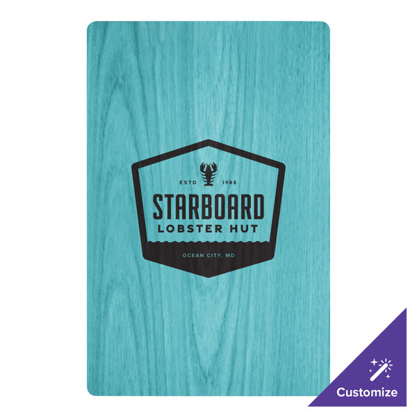 A blue wooden Menu Solutions clip board with black text.