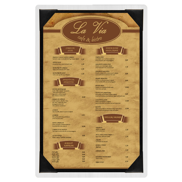 A white wood menu board with picture corners.