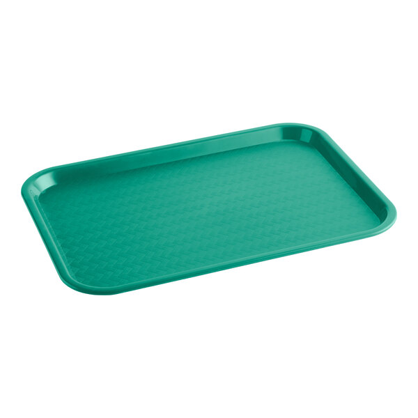A rectangular teal plastic fast food tray with raised edges.