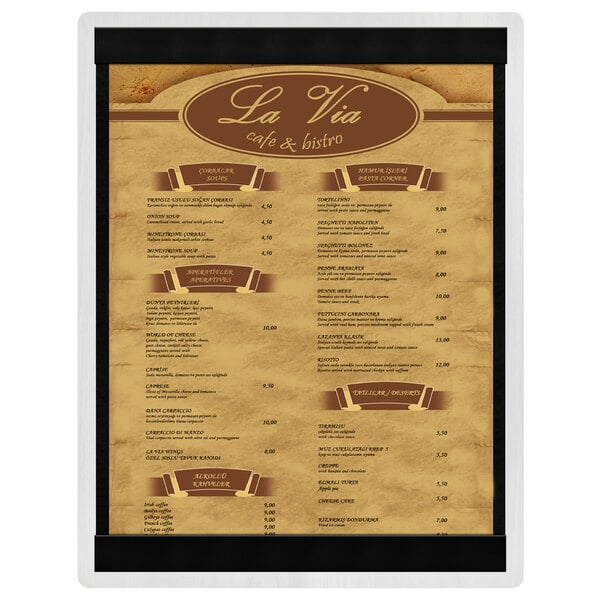 A Menu Solutions white wash wood menu board with top and bottom black strips.