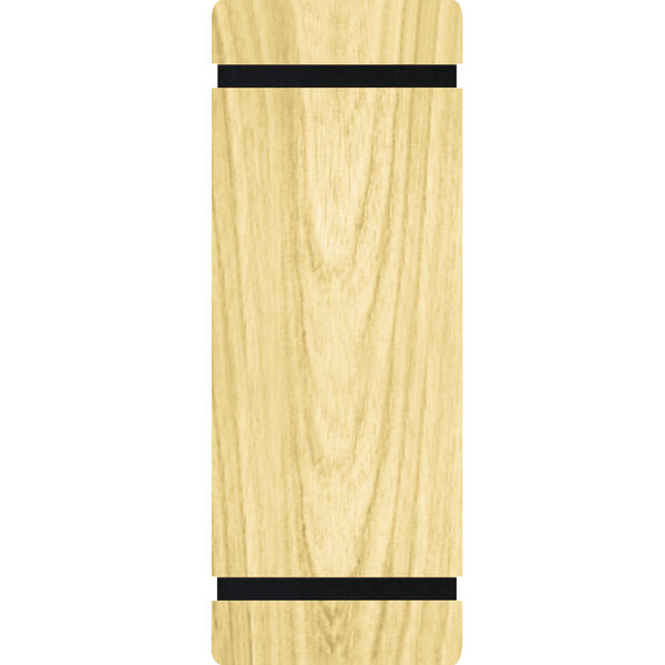 A wood menu board with black rubber band straps.