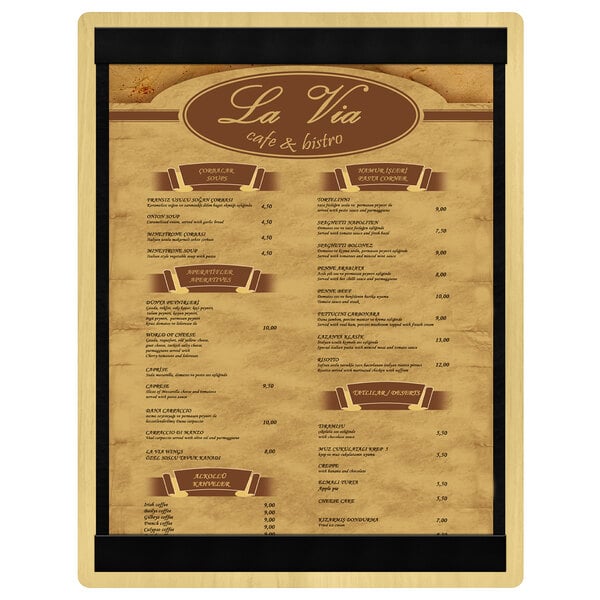 A Menu Solutions wood menu board with top and bottom strips.