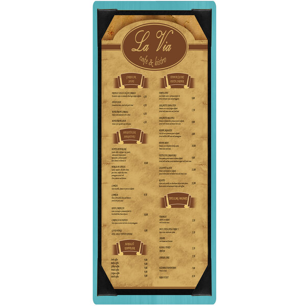 A Sky Blue wood menu board with picture corners on a table.