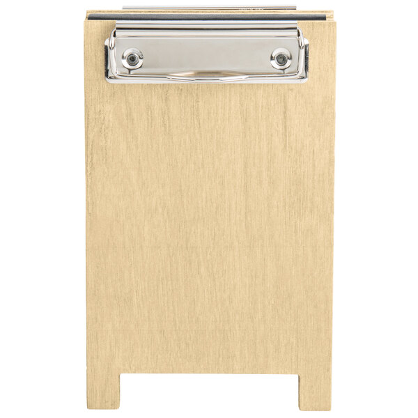 A wooden menu board tent with a metal clip.