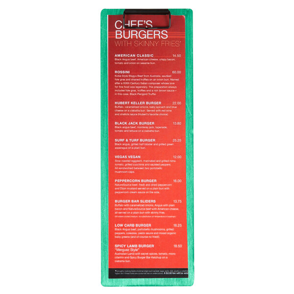 A customizable wood menu clip board in washed teal with a menu on it.