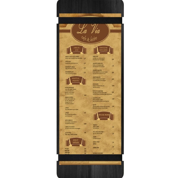 A black wood menu board with brown rubber band straps.